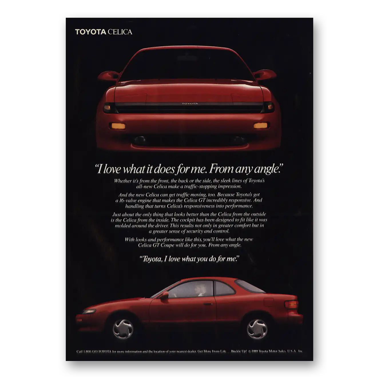 1990 Toyota Celica Love What It Does for Me Vintage Magazine Print Ad