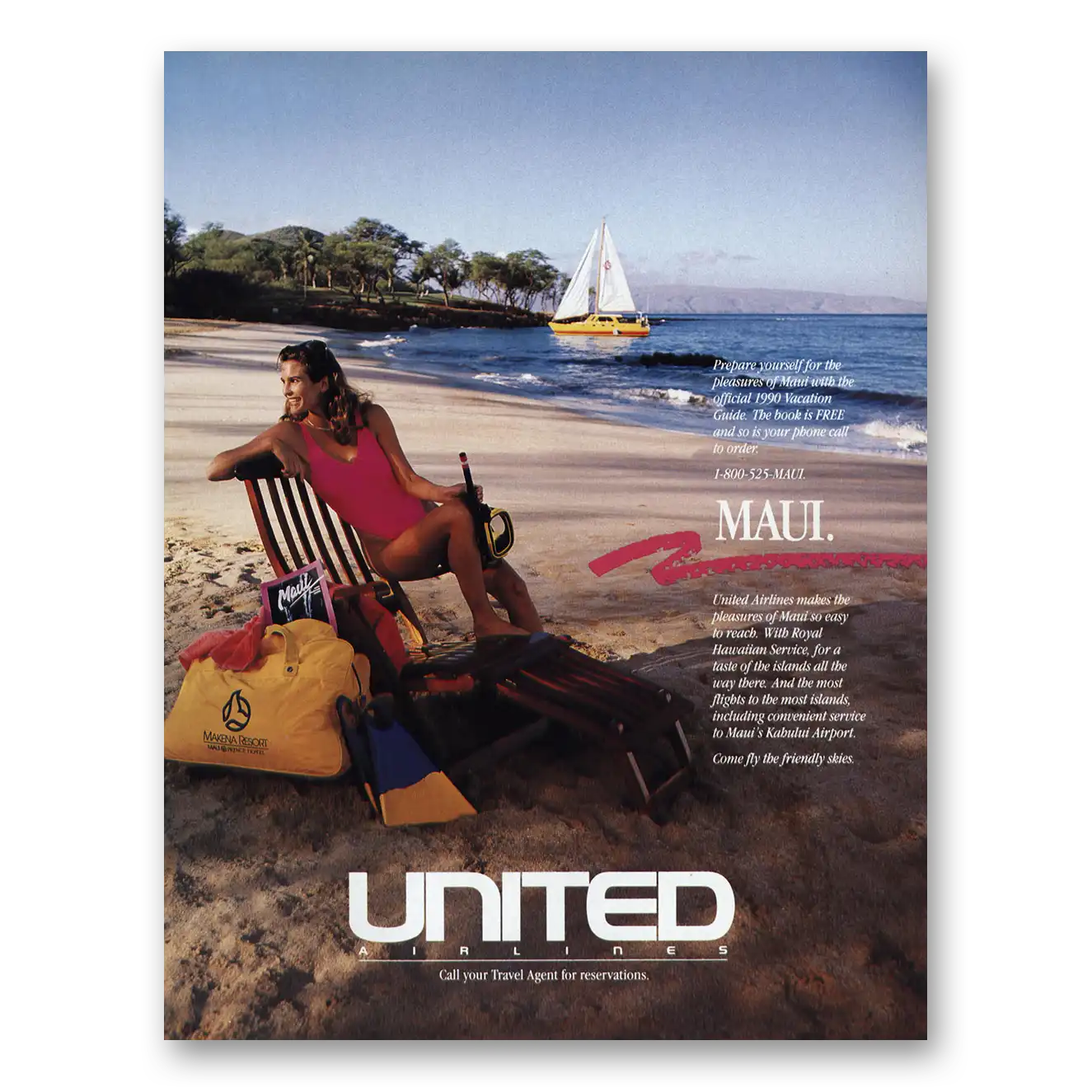 1990 United Airlines Prepare Yourself Pleasures of Maui Vintage Magazine Print Ad