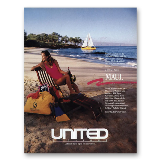 1990 United Airlines Prepare Yourself Pleasures of Maui Vintage Magazine Print Ad