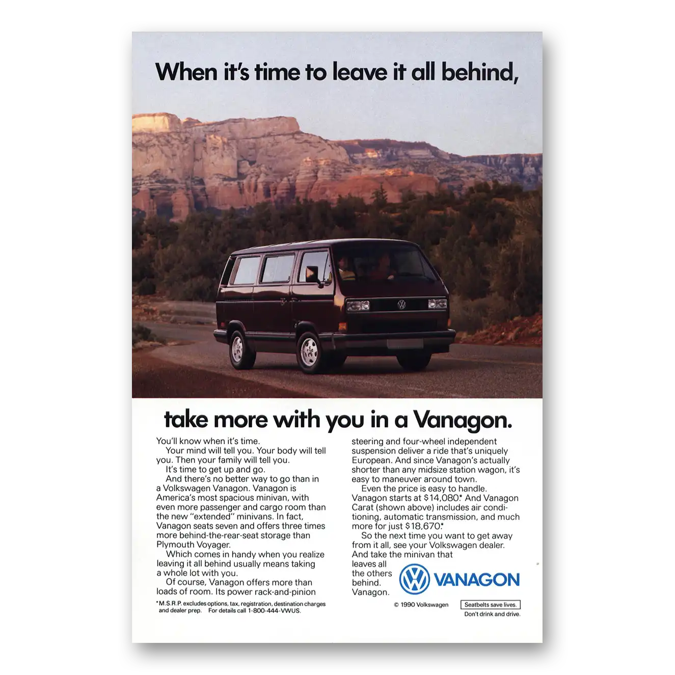 1990 Volkswagen Vanagon Leave It All Behind Vintage Magazine Print Ad