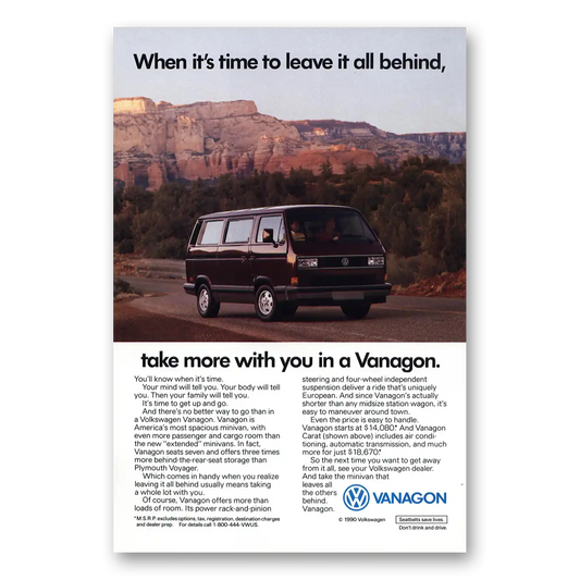 1990 Volkswagen Vanagon Leave It All Behind Vintage Magazine Print Ad