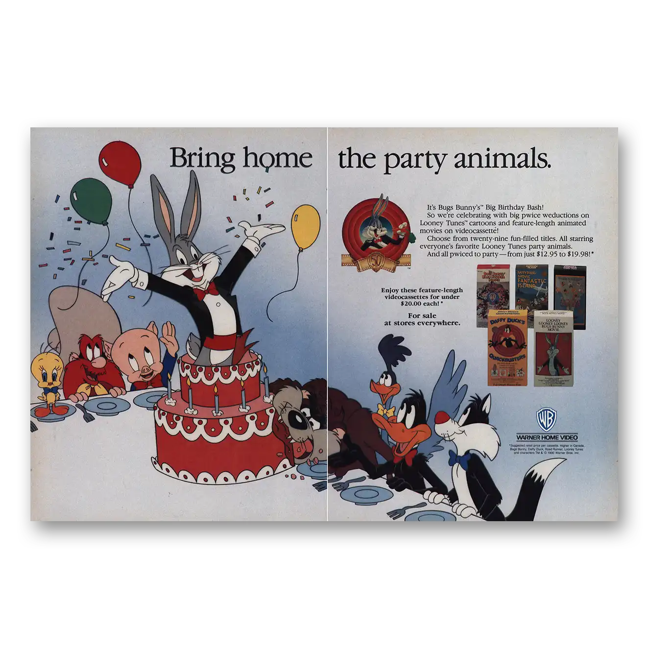 1990 Warner Home Video Bring Home the Party Animals Vintage Magazine Print Ad