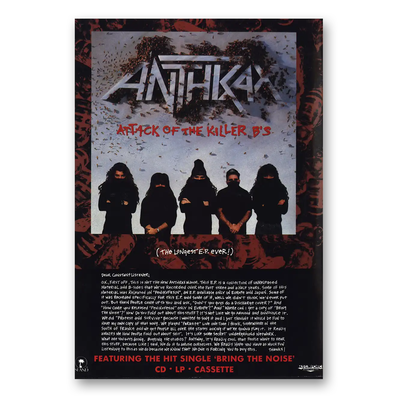 1991 Anthrax Promo Attack of the Killer Bs Vintage Magazine Print Ad