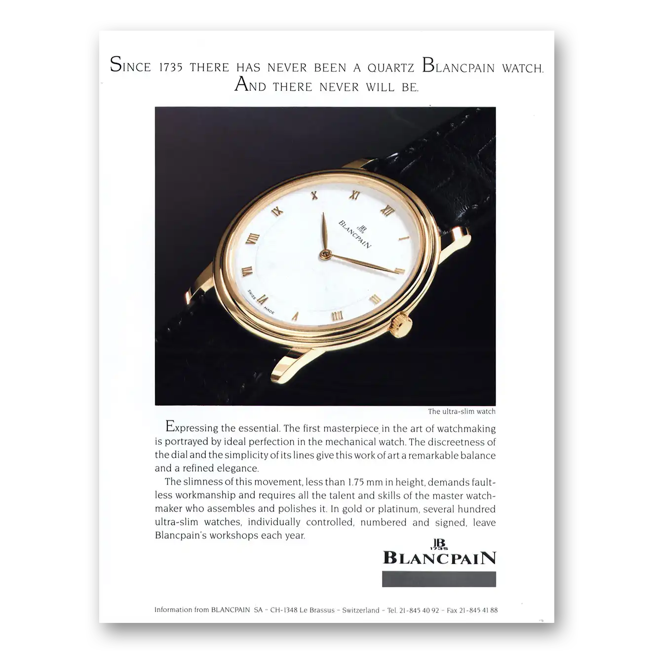 1991 Blancpain Watch Since 1735 Quartz Blancpain Watch Vintage Magazine Print Ad