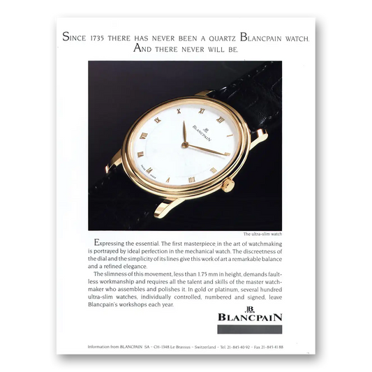 1991 Blancpain Watch Since 1735 Quartz Blancpain Watch Vintage Magazine Print Ad