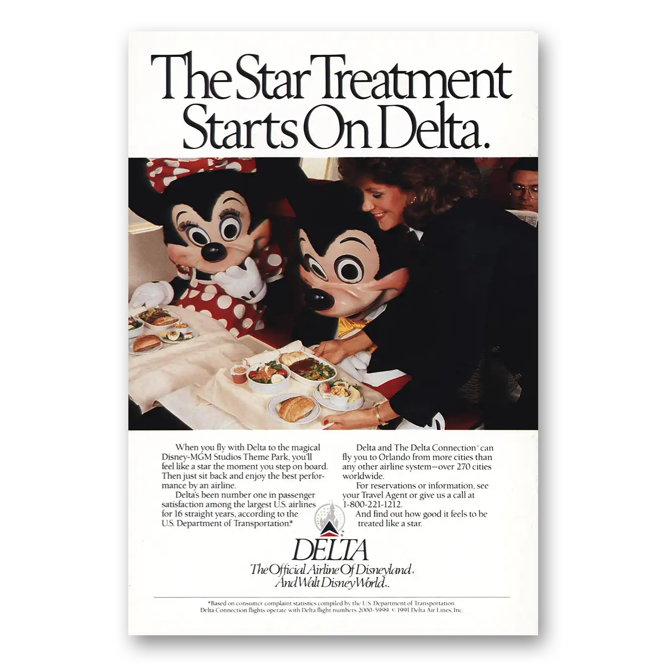 1991 Delta Air Lines Star Treatment Starts Disney Vintage Magazine Print Ad