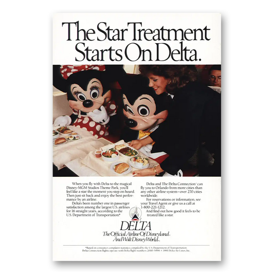 1991 Delta Air Lines Star Treatment Starts Disney Vintage Magazine Print Ad