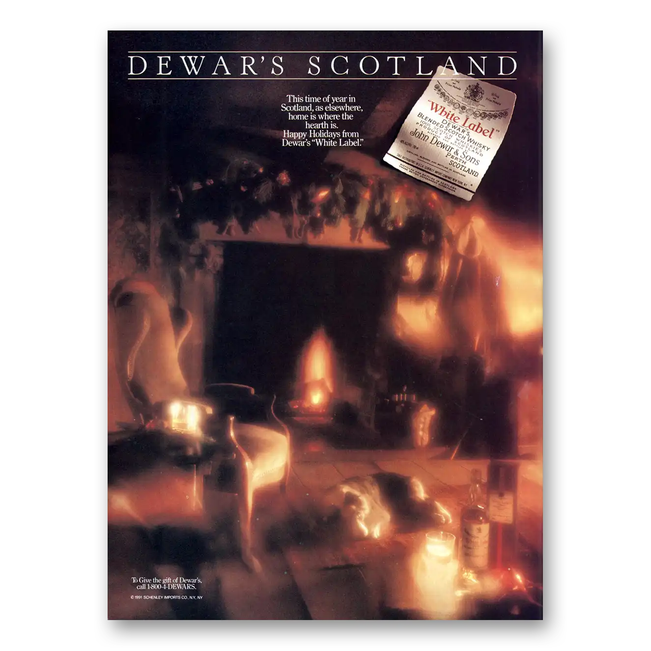 1991 Dewars White Label Home Is Where the Hearth Is Vintage Magazine Print Ad