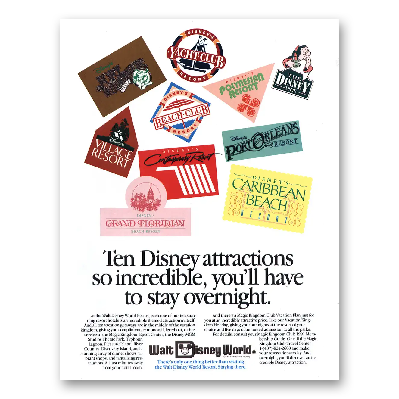 1991 Walt Disney World Stay Overnight Vintage Magazine Print Ad