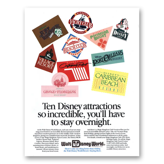 1991 Walt Disney World Stay Overnight Vintage Magazine Print Ad