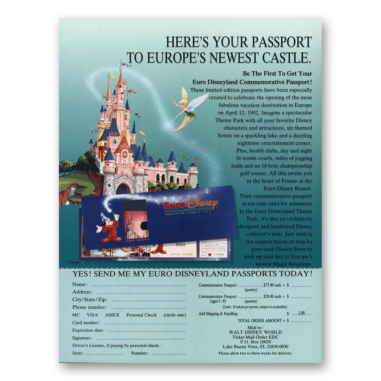 1991 Walt Disney World Euro Disneyland Vintage Magazine Print Ad