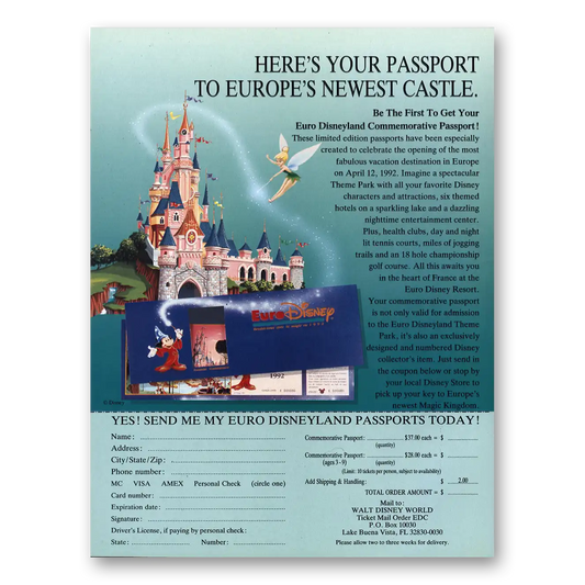 1991 Walt Disney World Euro Disneyland Vintage Magazine Print Ad