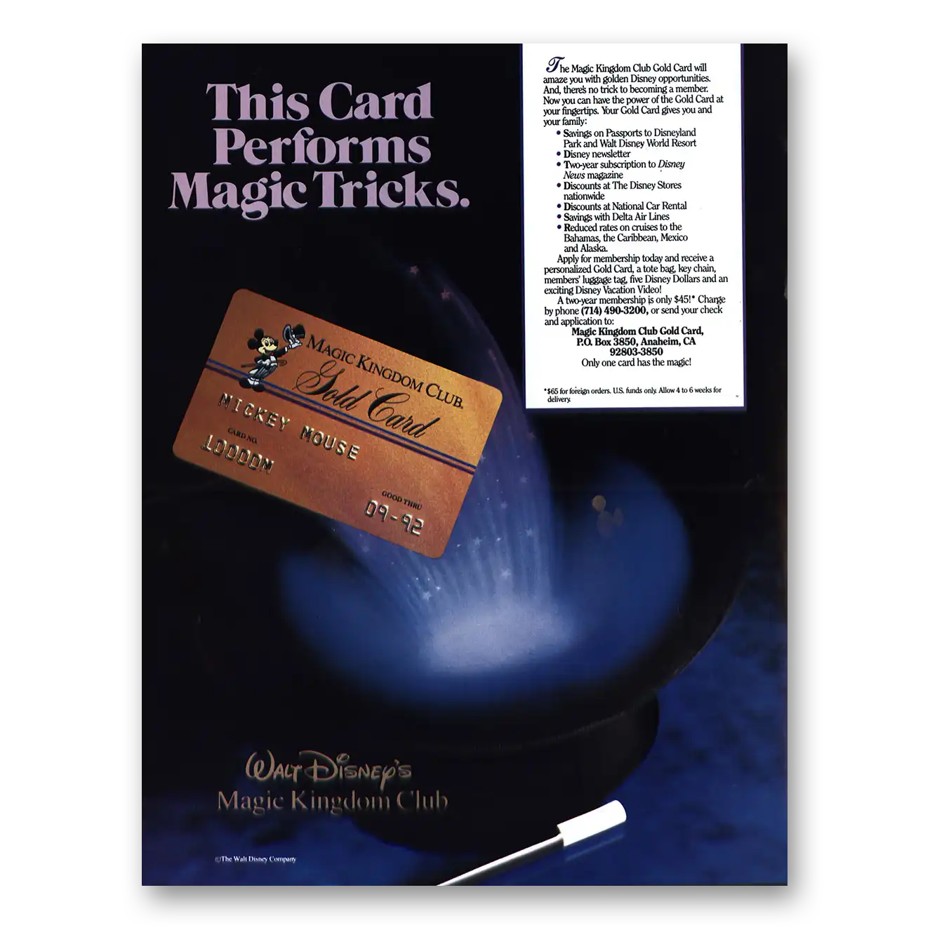 1991 Magic Kingdom Club Card Performs Magic Tricks Vintage Magazine Print Ad