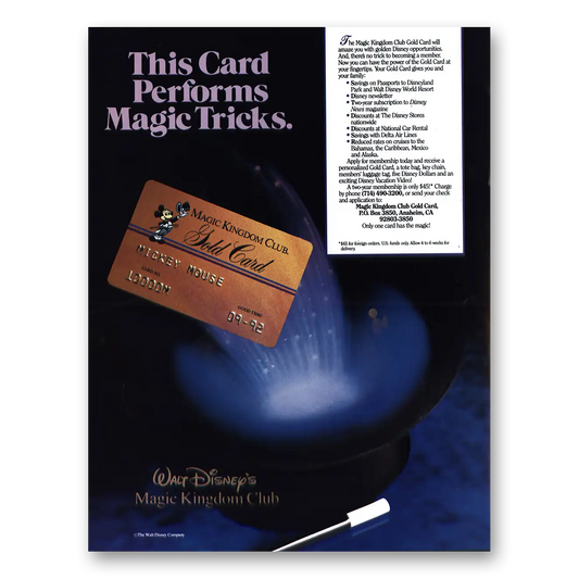 1991 Magic Kingdom Club Card Performs Magic Tricks Vintage Magazine Print Ad