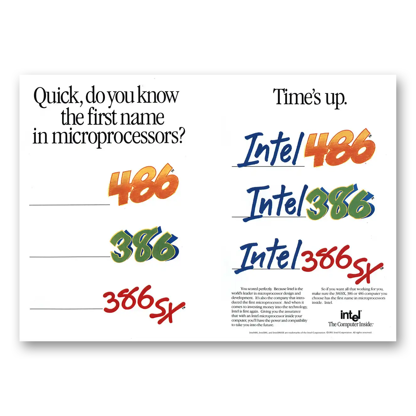 1991 Intel First Name in Microprocessors Vintage Magazine Print Ad