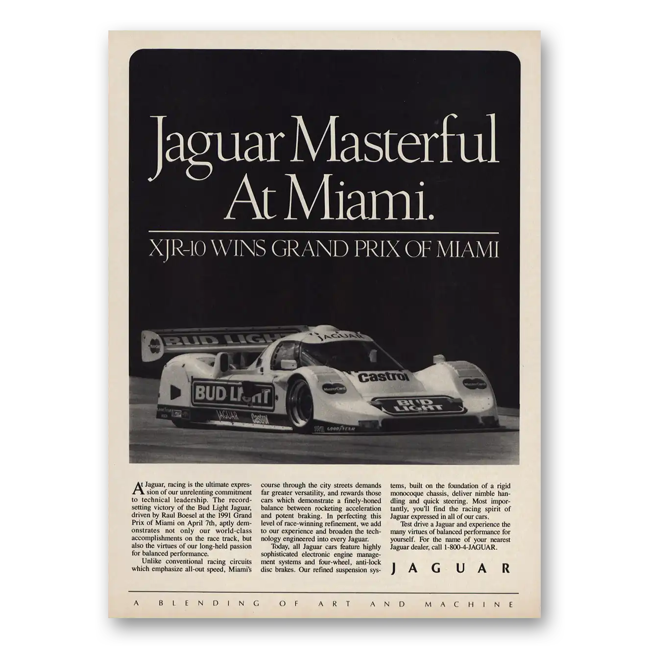 1991 Jaguar XJR10 Masterful Grand Prix of Miami Vintage Magazine Print Ad