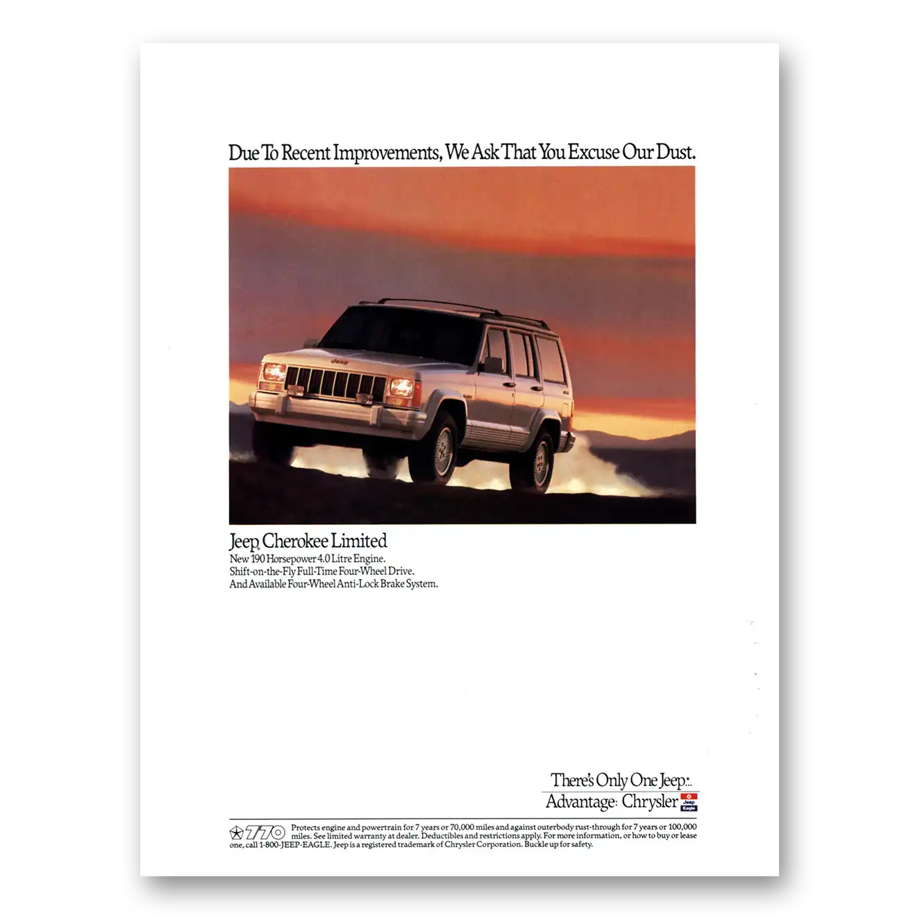 1991 Jeep Cherokee We Ask That You Excuse Our Dust Vintage Magazine Print Ad