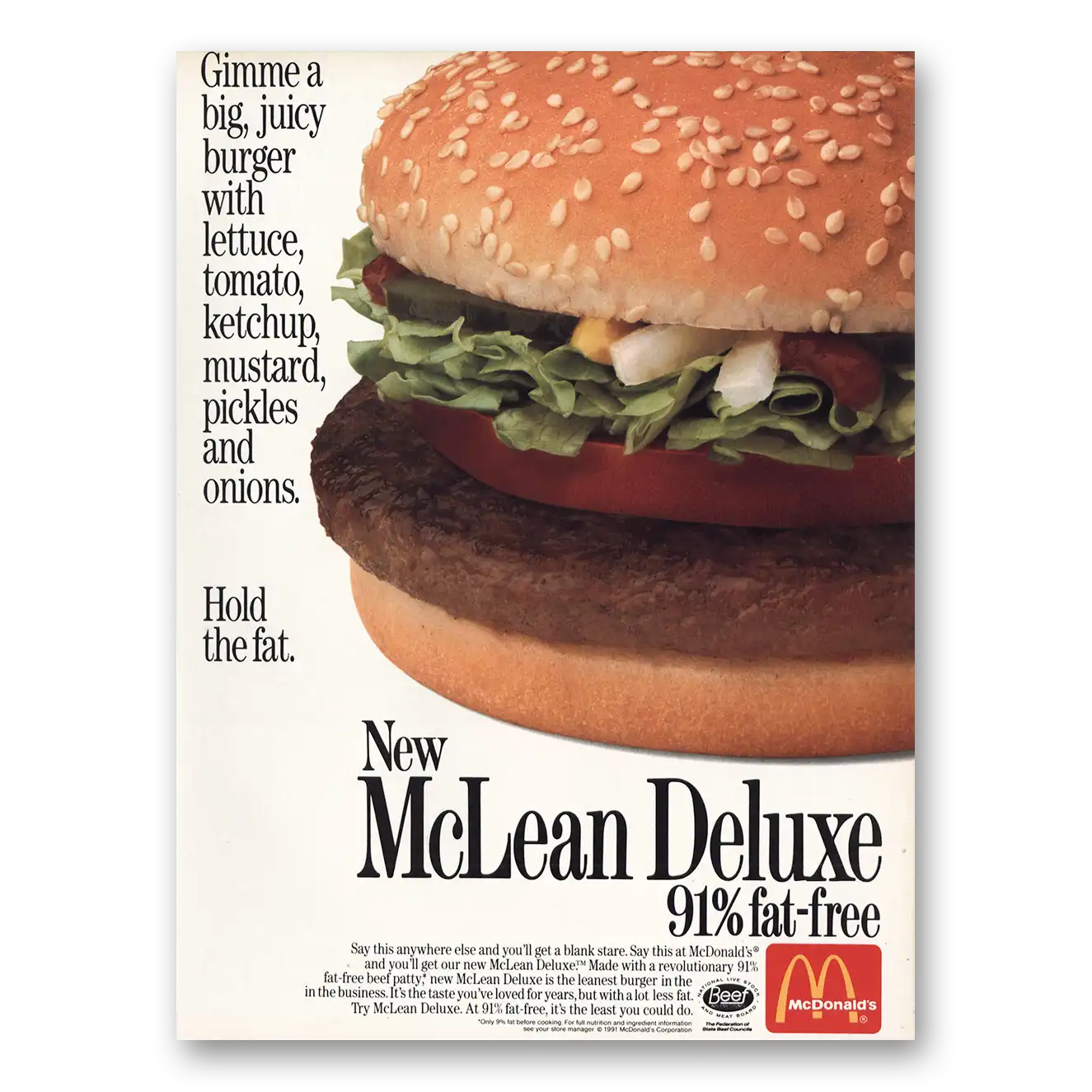 1991 McDonalds Gimme Big Juicy McLean Deluxe Vintage Magazine Print Ad