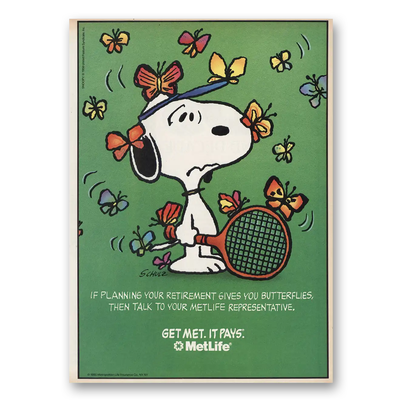 1991 MetLife Snoopy Tennis Retirement Vintage Magazine Print Ad