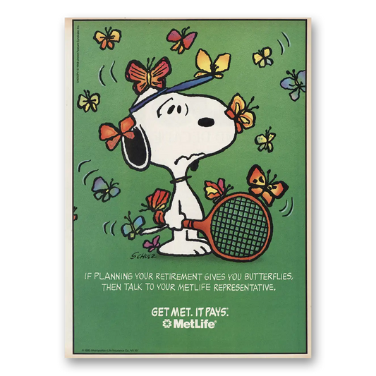 1991 MetLife Snoopy Tennis Retirement Vintage Magazine Print Ad