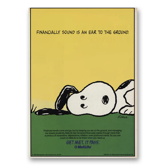 1991 MetLife Snoopy Financially Sound Vintage Magazine Print Ad