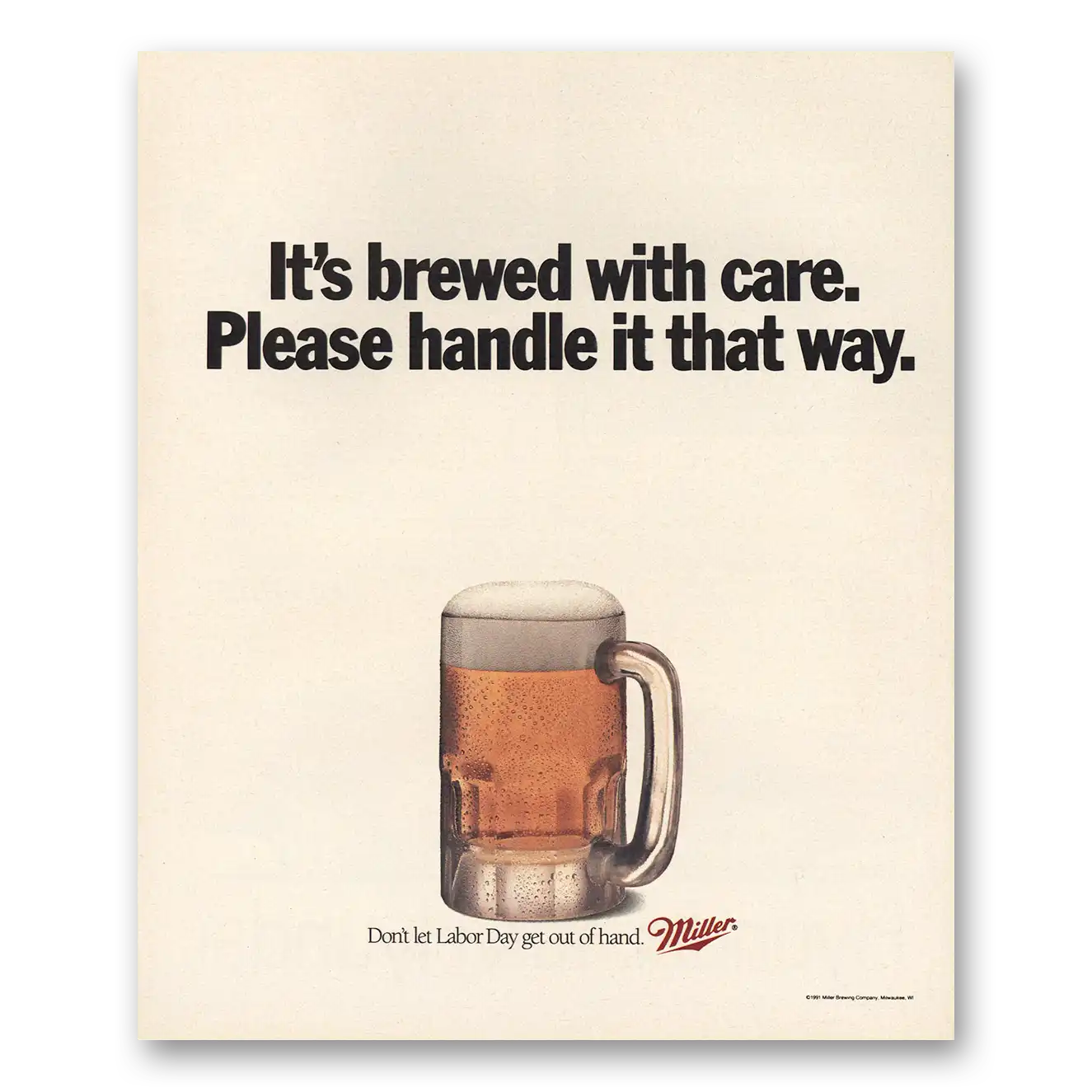 1991 Miller Beer Brewed With Care Vintage Magazine Print Ad