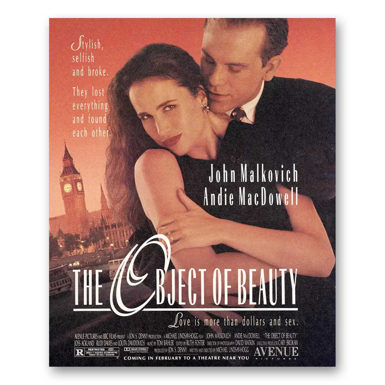 1991 Object of Beauty Movie Promo John Malkovich and Andie MacDowell Vintage Magazine Print Ad