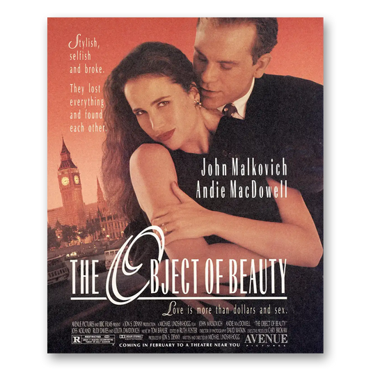 1991 Object of Beauty Movie Promo John Malkovich and Andie MacDowell Vintage Magazine Print Ad