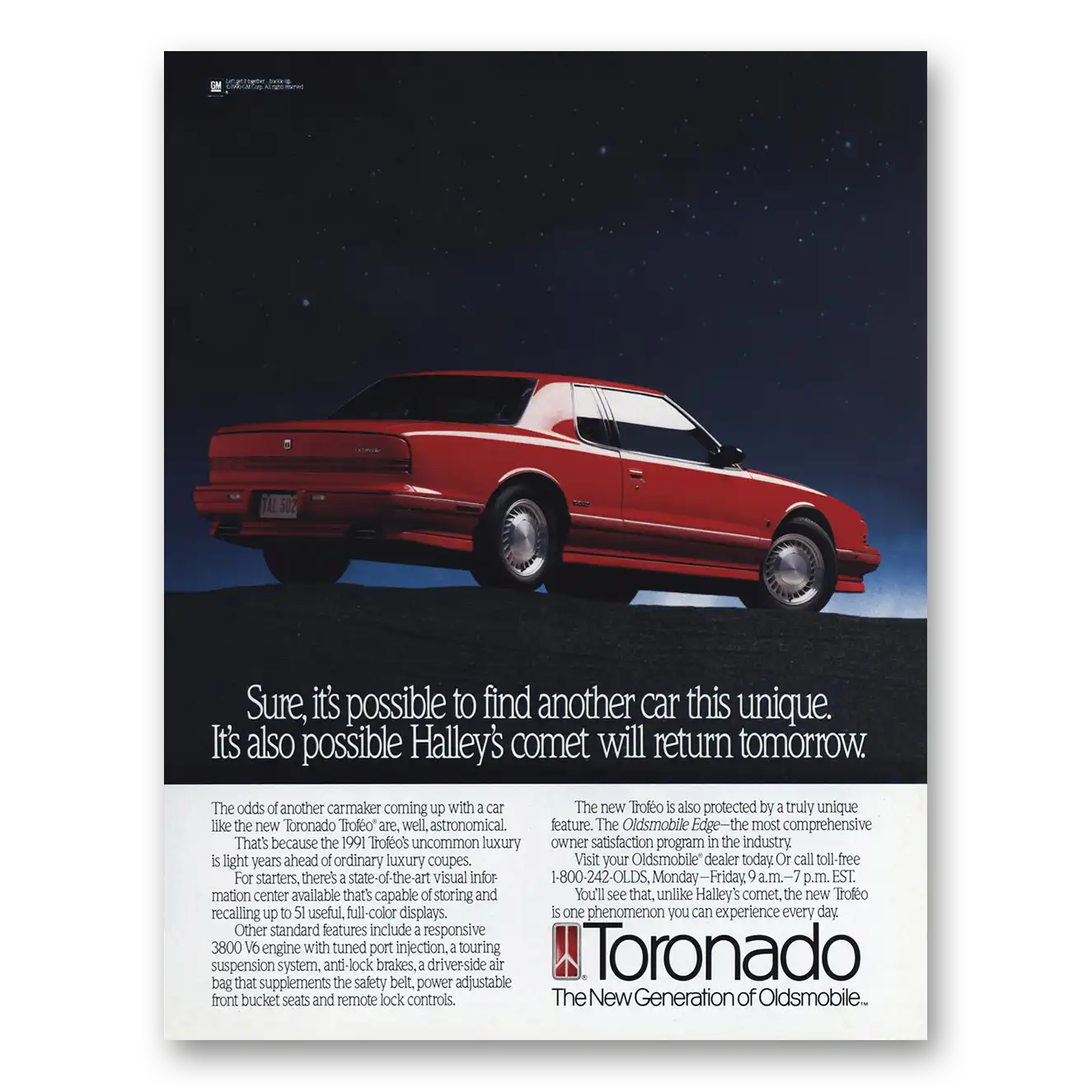 1991 Oldsmobile Toronado Halleys Comet Will Return Tomorrow Vintage Magazine Print Ad