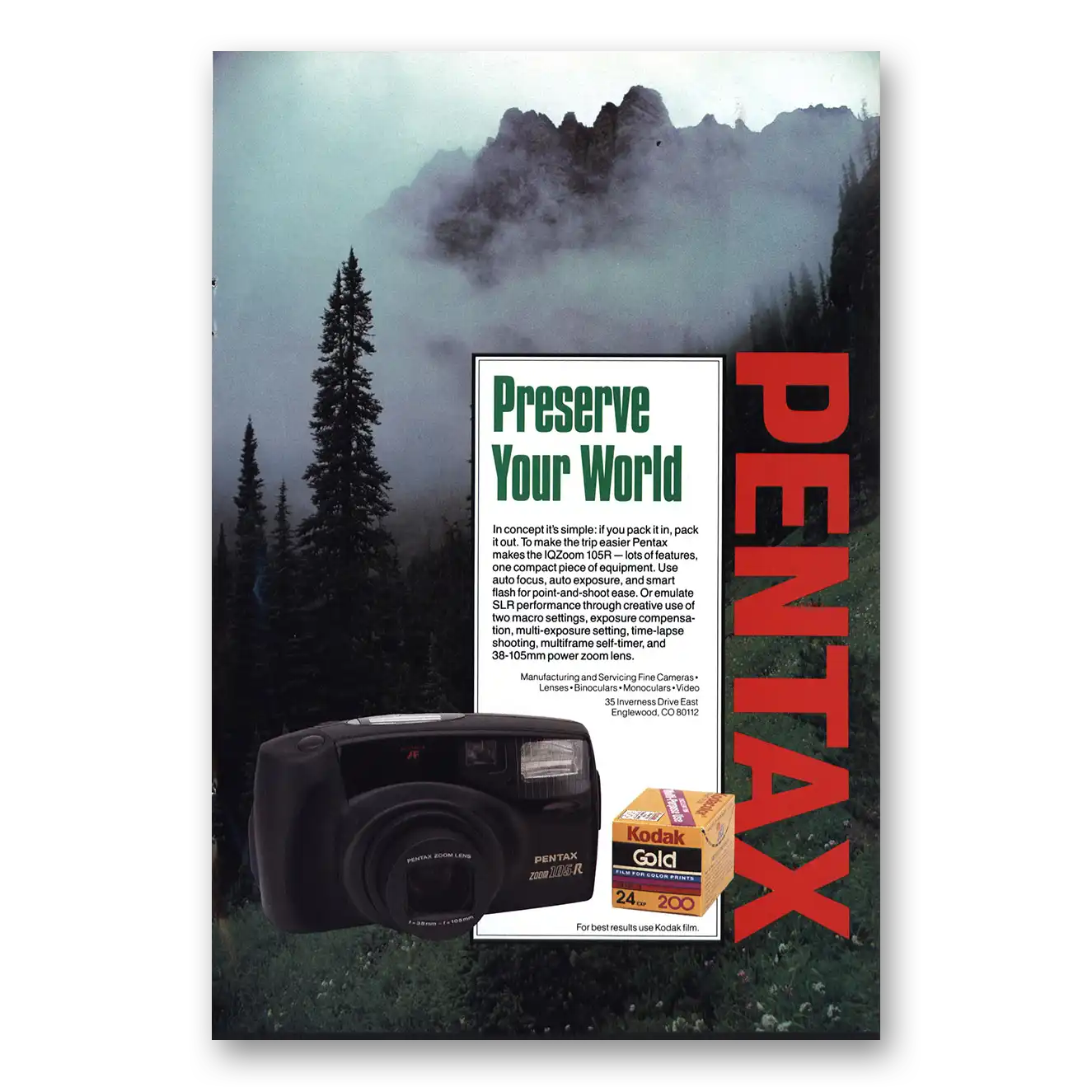 1991 Pentax Camera IQZoom 105R Preserve Your World Vintage Magazine Print Ad