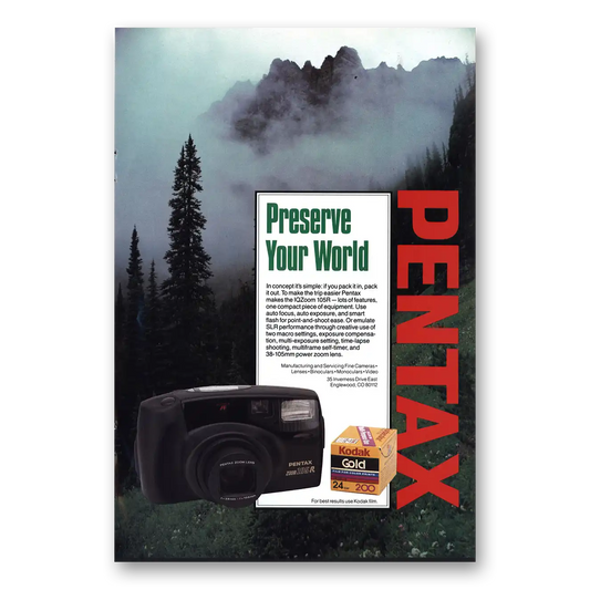 1991 Pentax Camera IQZoom 105R Preserve Your World Vintage Magazine Print Ad