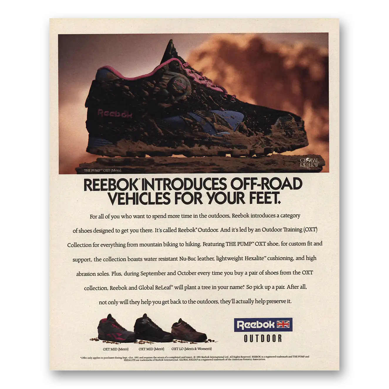 1991 Reebok Shoes Off Road Vehicles For Your Feet Vintage Magazine Print Ad