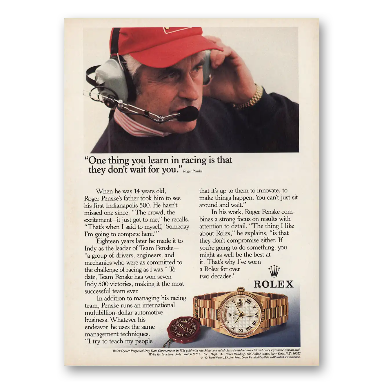 1991 Rolex Roger Penske Vintage Magazine Print Ad