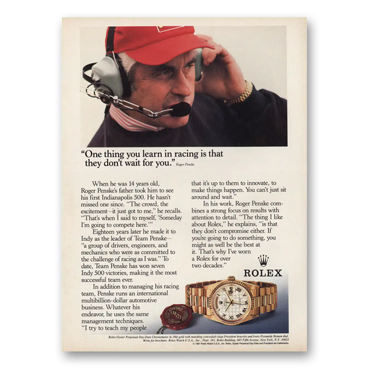 1991 Rolex Roger Penske Vintage Magazine Print Ad