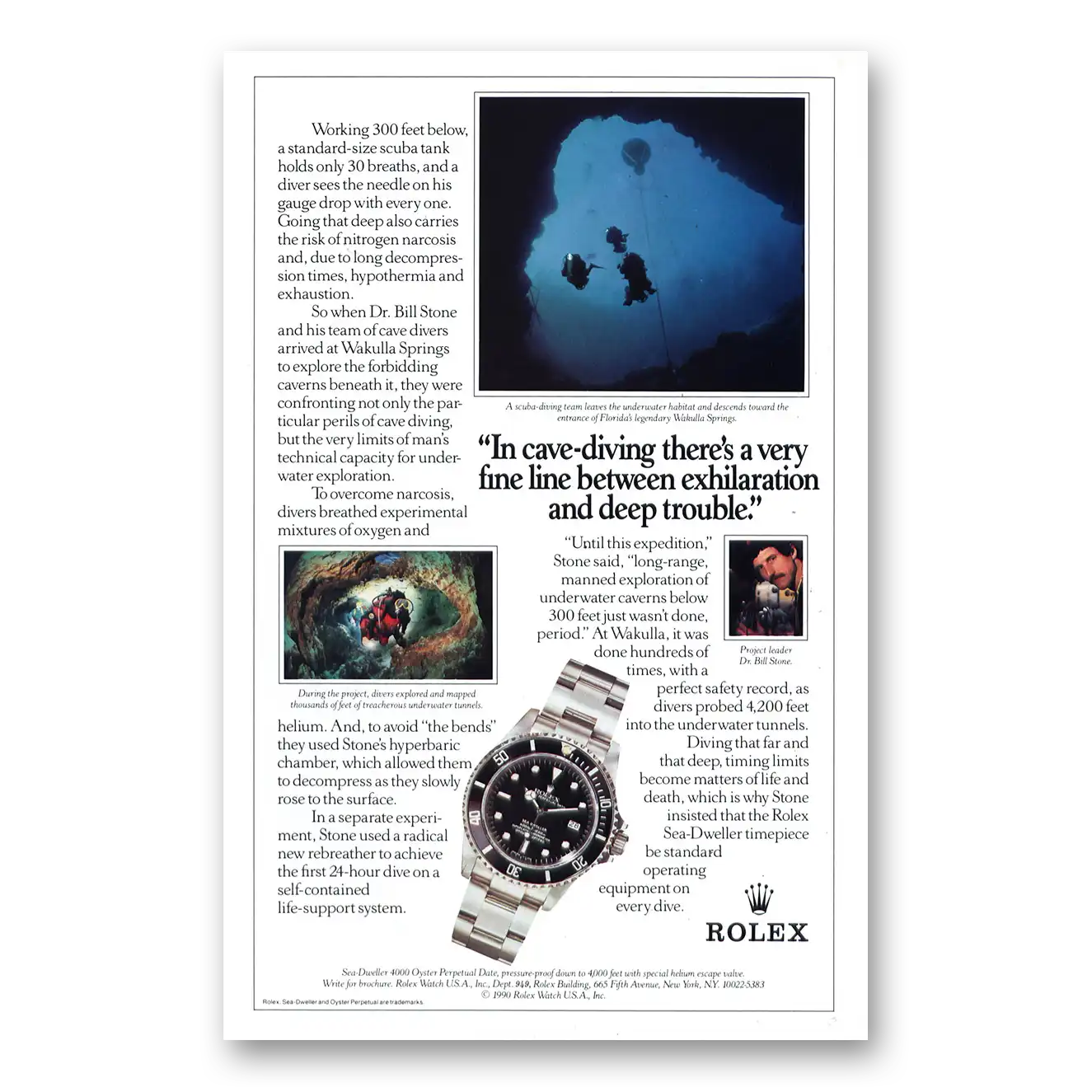 1991 Rolex Cave Diving Vintage Magazine Print Ad