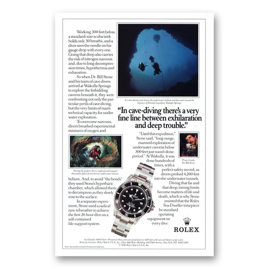 1991 Rolex Cave Diving Vintage Magazine Print Ad