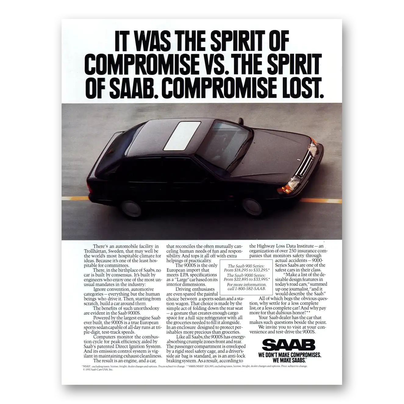 1991 Saab Spirit of Compromise vs Spirit of Saab Vintage Magazine Print Ad