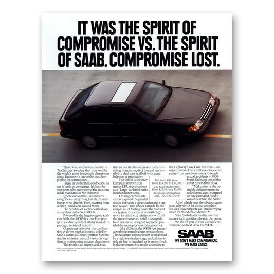 1991 Saab Spirit of Compromise vs Spirit of Saab Vintage Magazine Print Ad