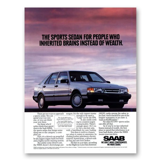 1991 Saab For People Who Inherited Brains Vintage Magazine Print Ad