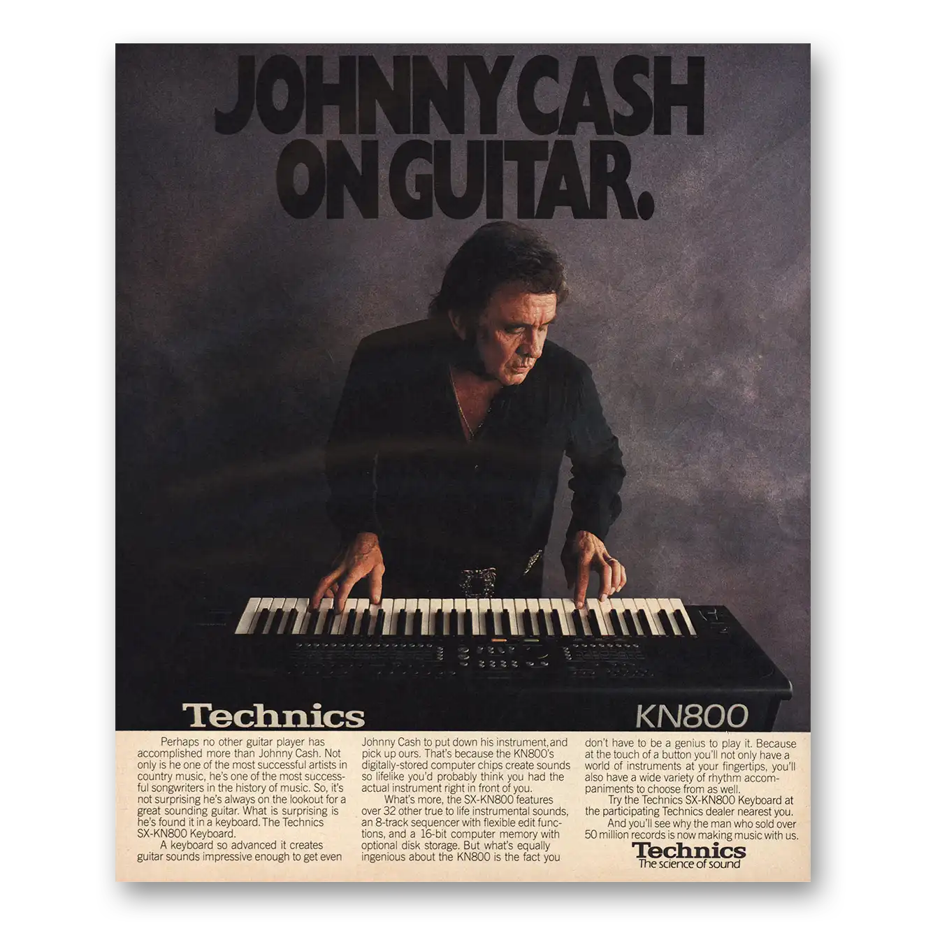 1991 Technics Keyboard Johnny Cash on Guitar Vintage Magazine Print Ad