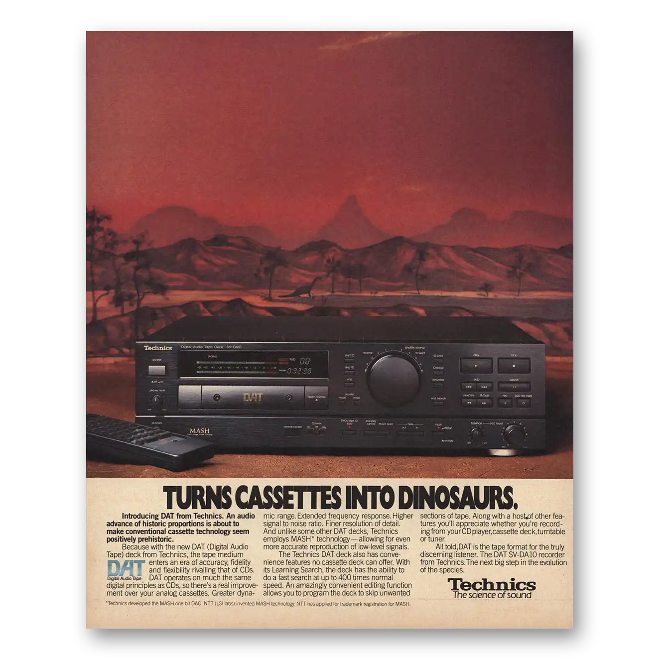 1991 Technics DAT Turns Cassettes Into Dinosaurs Vintage Magazine Print Ad