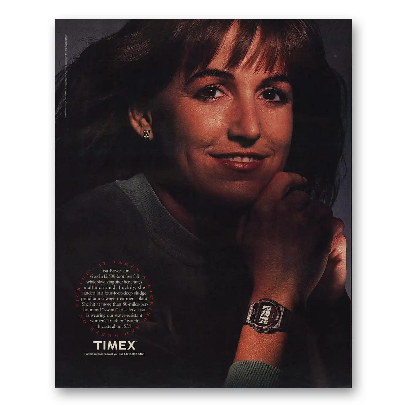 1991 Timex Watch Lisa Boyer Survived Free Fall Skydiving Vintage Magazine Print Ad