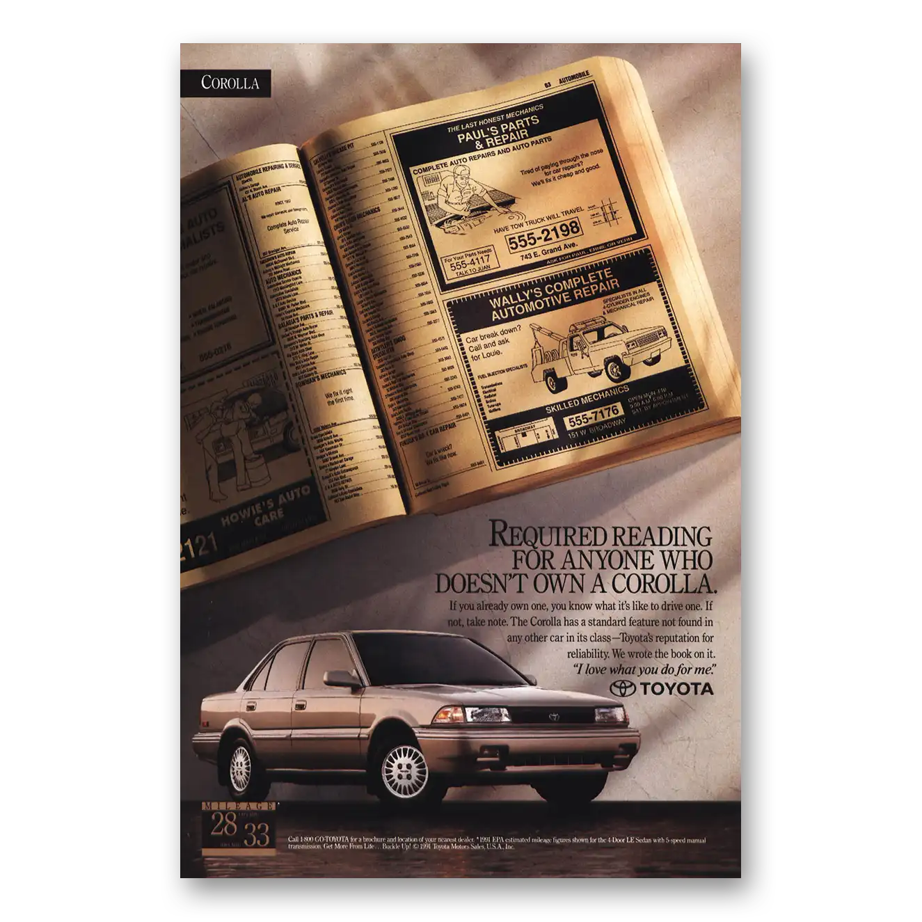 1991 Toyota Corolla Required Reading Yellow Pages Vintage Magazine Print Ad