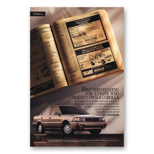 1991 Toyota Corolla Required Reading Yellow Pages Vintage Magazine Print Ad