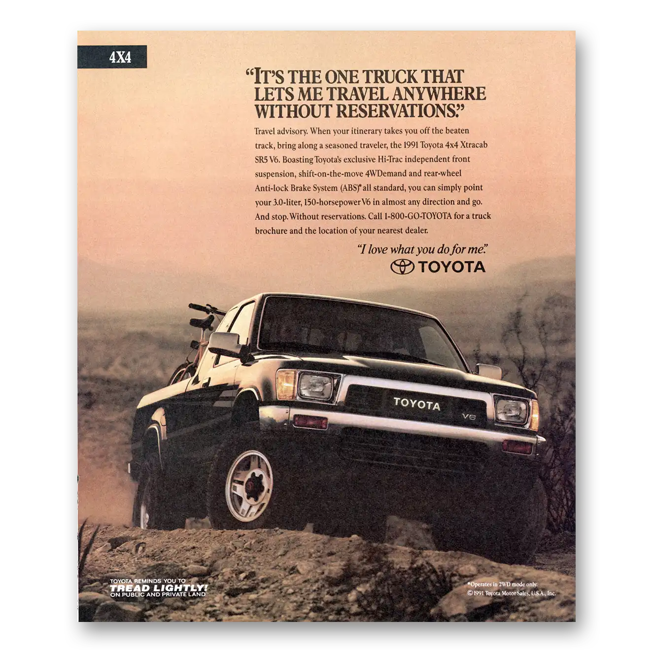 1991 Toyota Trucks Lets Me Travel Anywhere Vintage Magazine Print Ad