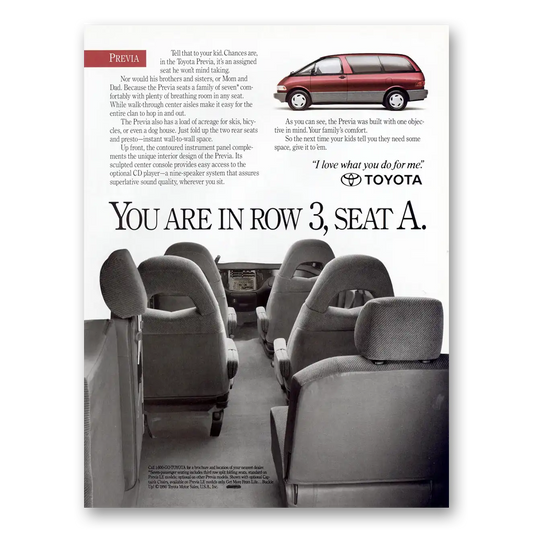 1991 Toyota Previa You Are In Row 3 Seat A Vintage Magazine Print Ad