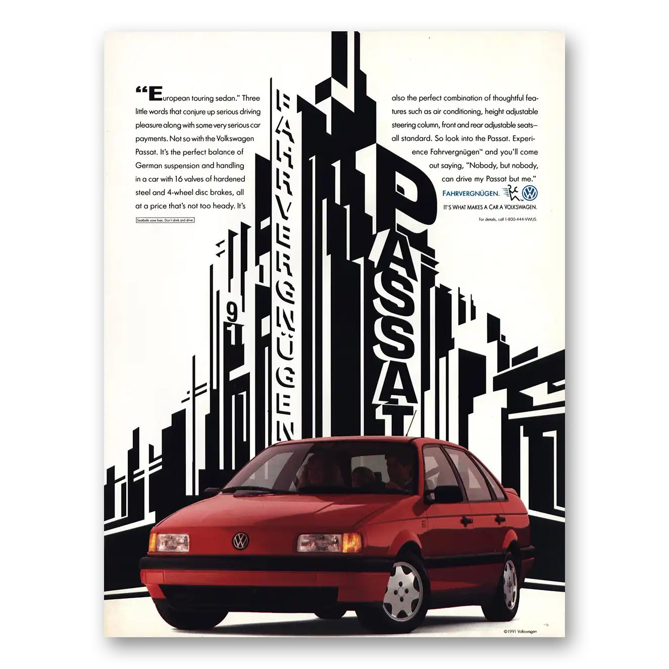 1991 Volkswagen Passat Fahrvergnugen European Touring Sedan Vintage Magazine Print Ad