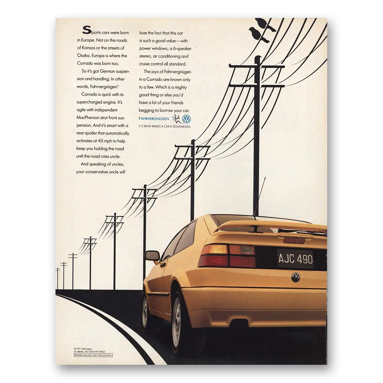 1991 Volkswagen Corrado Fahrvergnugen Sports Cars Born in Europe Vintage Magazine Print Ad