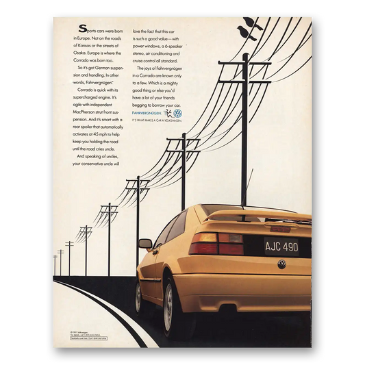 1991 Volkswagen Corrado Fahrvergnugen Sports Cars Born in Europe Vintage Magazine Print Ad