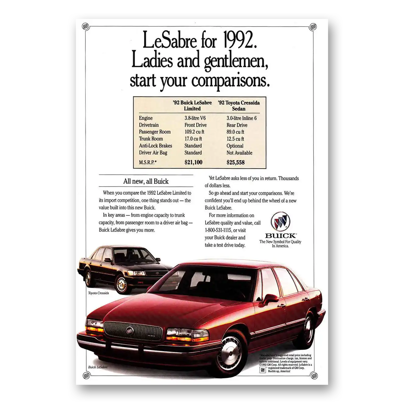 1992 Buick LeSabre Start Your Comparisons Vintage Magazine Print Ad